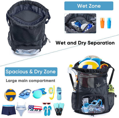 Mesh Drawstring Backpack with Shoe Compartment, Sandproof Beach Swim Bag with Wet Pocket, Pool Gym Shower Bag for Travel Summer Camp