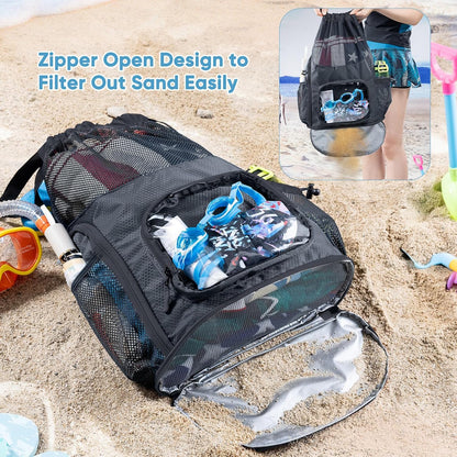 Mesh Drawstring Backpack with Shoe Compartment, Sandproof Beach Swim Bag with Wet Pocket, Pool Gym Shower Bag for Travel Summer Camp