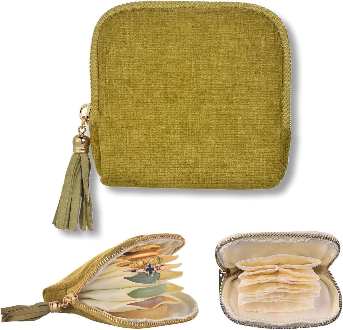 Jewelry Organizer Case, Small Travel Velvet Pouch, Portable (Olive Green) | Soft Velvet Jewelry Case, 6 Individual Pockets, Anti Tangling, Anti Scratching, Gift Box Packaging, Travel And Gift Use