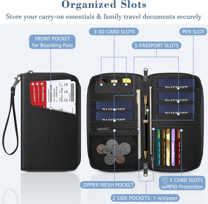 Family Passport Holder Wallet Travel Document Organizer Clutch Bag | RFID Blocking Credit Cards Case Cover for Women Men