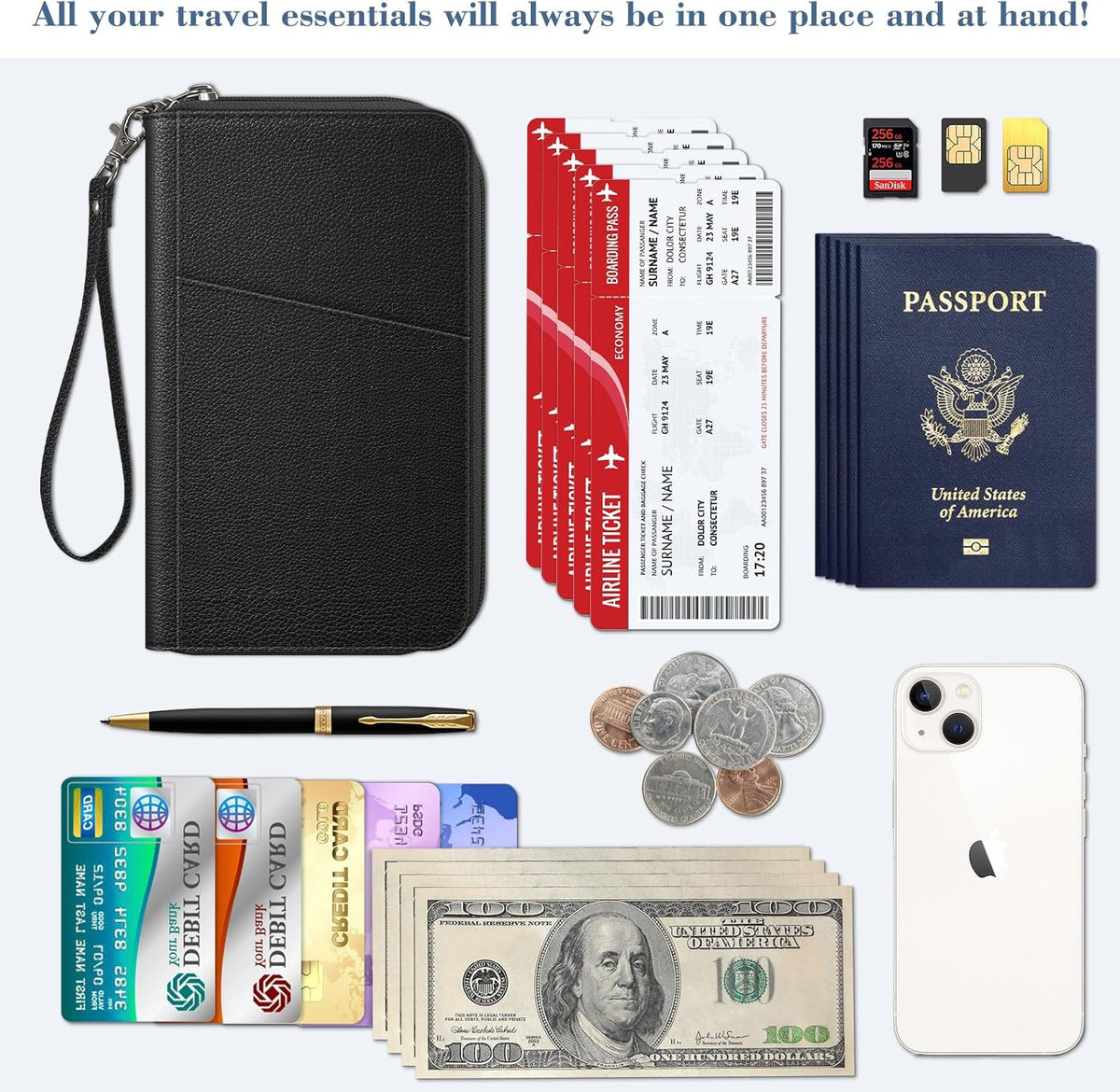Family Passport Holder Wallet Travel Document Organizer Clutch Bag | RFID Blocking Credit Cards Case Cover for Women Men