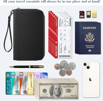 Family Passport Holder Wallet Travel Document Organizer Clutch Bag | RFID Blocking Credit Cards Case Cover for Women Men