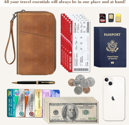Family Passport Holder Wallet Travel Document Organizer Clutch Bag | RFID Blocking Credit Cards Case Cover for Women Men