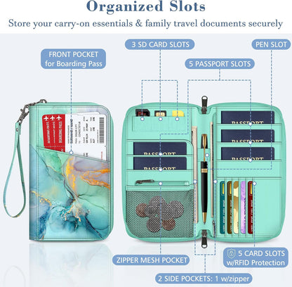 Family Passport Holder Wallet Travel Document Organizer Clutch Bag | RFID Blocking Credit Cards Case Cover for Women Men