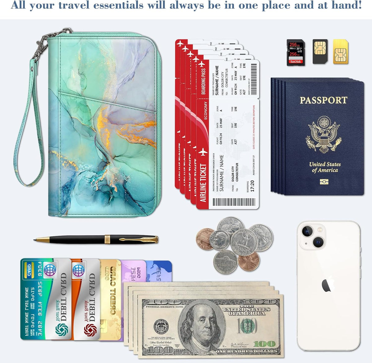 Family Passport Holder Wallet Travel Document Organizer Clutch Bag | RFID Blocking Credit Cards Case Cover for Women Men