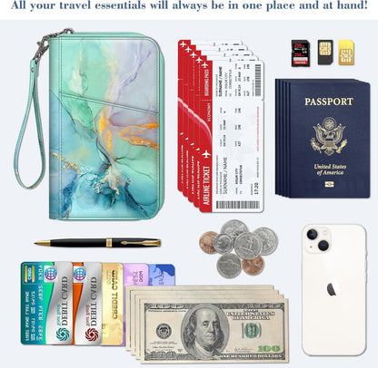 Family Passport Holder Wallet Travel Document Organizer Clutch Bag | RFID Blocking Credit Cards Case Cover for Women Men