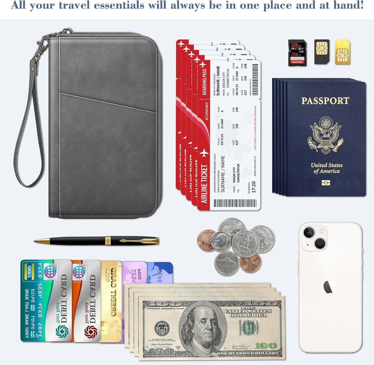 Family Passport Holder Wallet Travel Document Organizer Clutch Bag | RFID Blocking Credit Cards Case Cover for Women Men