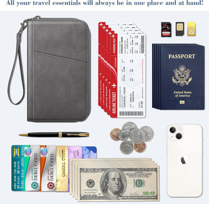 Family Passport Holder Wallet Travel Document Organizer Clutch Bag | RFID Blocking Credit Cards Case Cover for Women Men