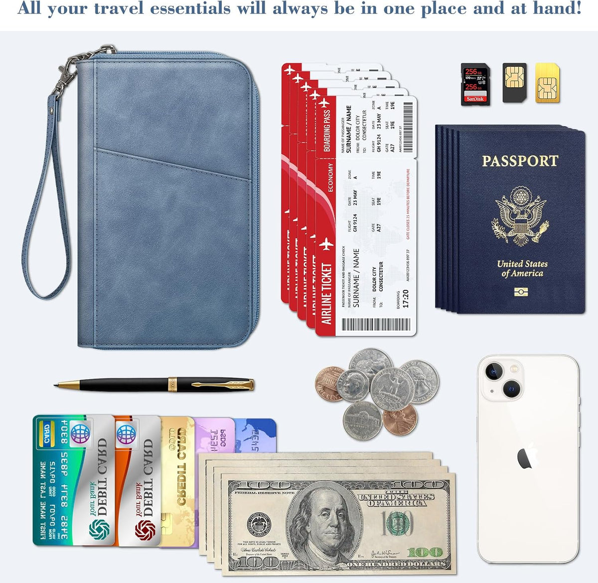 Family Passport Holder Wallet Travel Document Organizer Clutch Bag | RFID Blocking Credit Cards Case Cover for Women Men