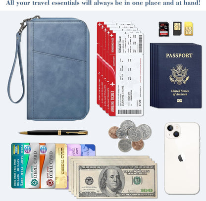 Family Passport Holder Wallet Travel Document Organizer Clutch Bag | RFID Blocking Credit Cards Case Cover for Women Men