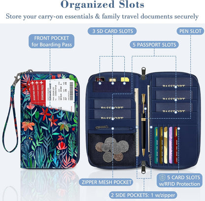 Family Passport Holder Wallet Travel Document Organizer Clutch Bag | RFID Blocking Credit Cards Case Cover for Women Men