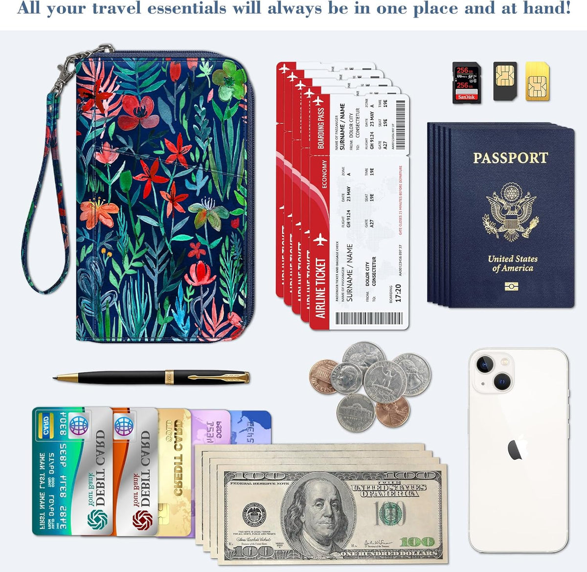 Family Passport Holder Wallet Travel Document Organizer Clutch Bag | RFID Blocking Credit Cards Case Cover for Women Men