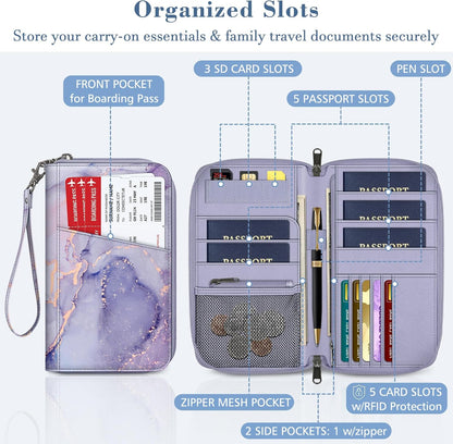 Family Passport Holder Wallet Travel Document Organizer Clutch Bag | RFID Blocking Credit Cards Case Cover for Women Men