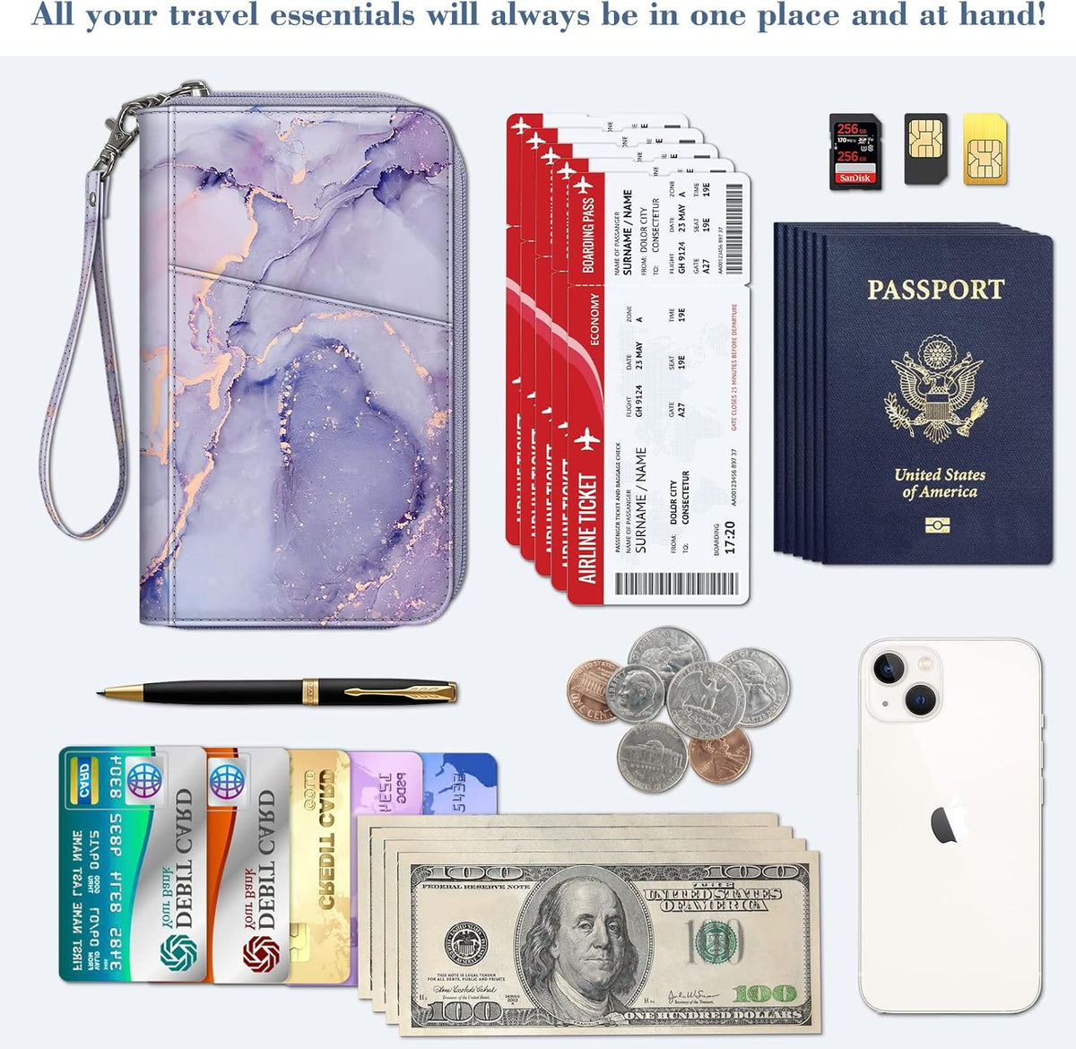 Family Passport Holder Wallet Travel Document Organizer Clutch Bag | RFID Blocking Credit Cards Case Cover for Women Men