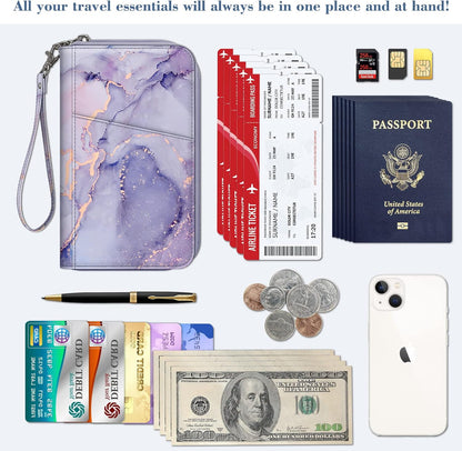 Family Passport Holder Wallet Travel Document Organizer Clutch Bag | RFID Blocking Credit Cards Case Cover for Women Men