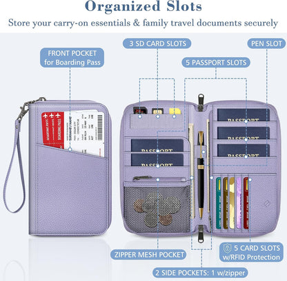 Family Passport Holder Wallet Travel Document Organizer Clutch Bag | RFID Blocking Credit Cards Case Cover for Women Men