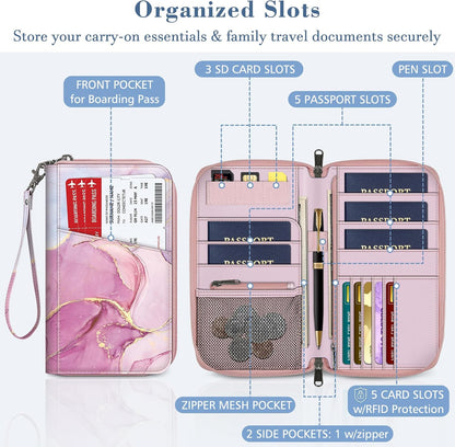 Family Passport Holder Wallet Travel Document Organizer Clutch Bag | RFID Blocking Credit Cards Case Cover for Women Men