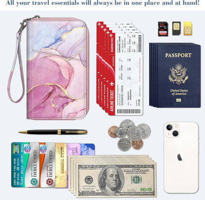 Family Passport Holder Wallet Travel Document Organizer Clutch Bag | RFID Blocking Credit Cards Case Cover for Women Men