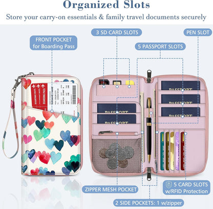Family Passport Holder Wallet Travel Document Organizer Clutch Bag | RFID Blocking Credit Cards Case Cover for Women Men