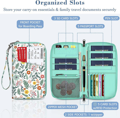 Family Passport Holder Wallet Travel Document Organizer Clutch Bag | RFID Blocking Credit Cards Case Cover for Women Men