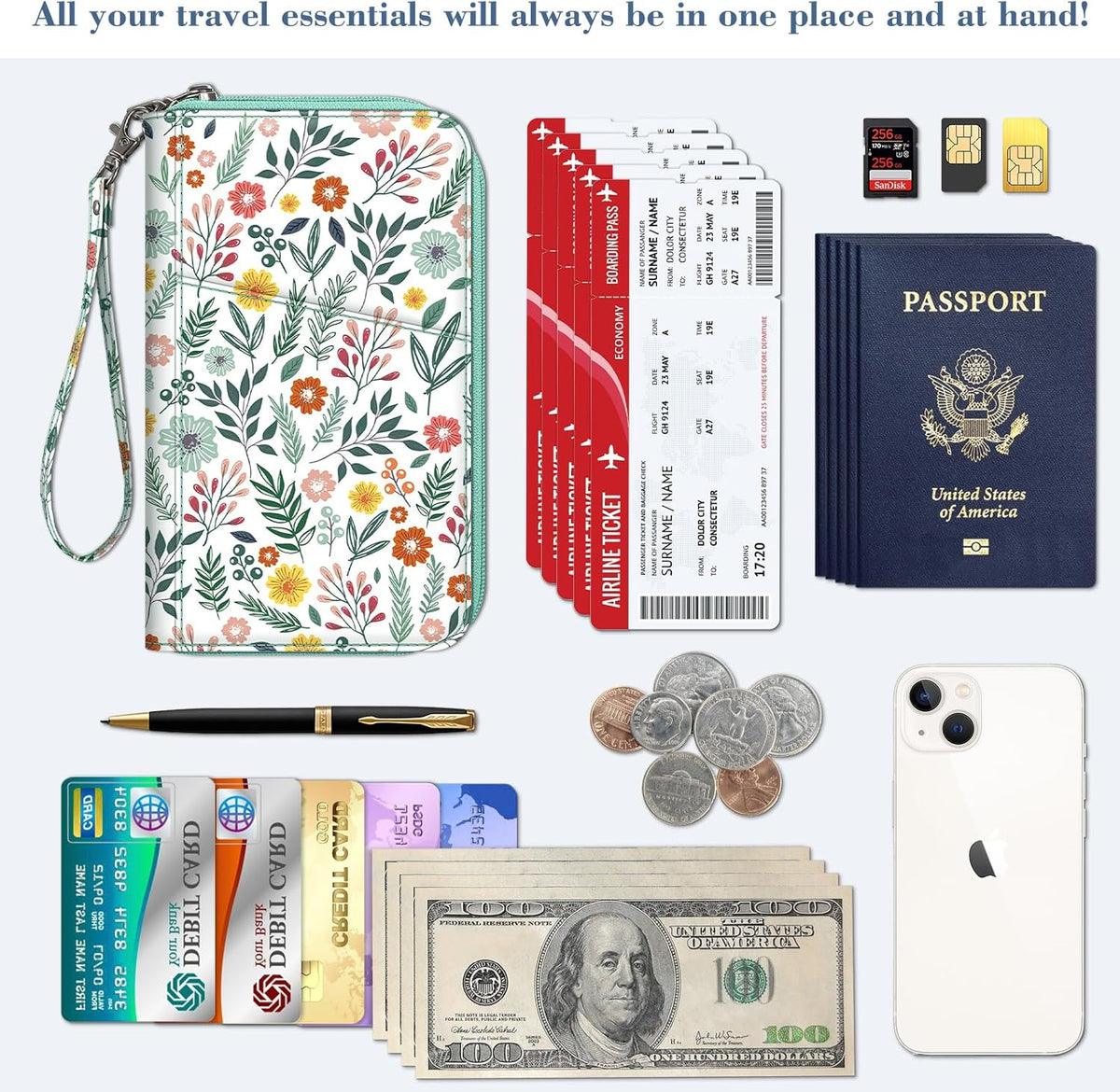 Family Passport Holder Wallet Travel Document Organizer Clutch Bag | RFID Blocking Credit Cards Case Cover for Women Men