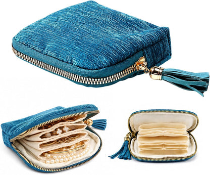 1 PCS Peacock Blue Travel Jewelry Case Organizer, Portable Travel Jewelry Organizer, Jewelry Pouch for Journey Rings Crystal Bracelet Organizer with Tassel Zipper