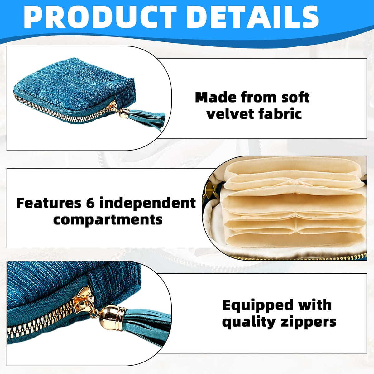 1 PCS Peacock Blue Travel Jewelry Case Organizer, Portable Travel Jewelry Organizer, Jewelry Pouch for Journey Rings Crystal Bracelet Organizer with Tassel Zipper