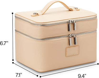 Duo Vanity Case Beige - Large Functional Travel Makeup Bag Organizer with Removable Divider & Mirror