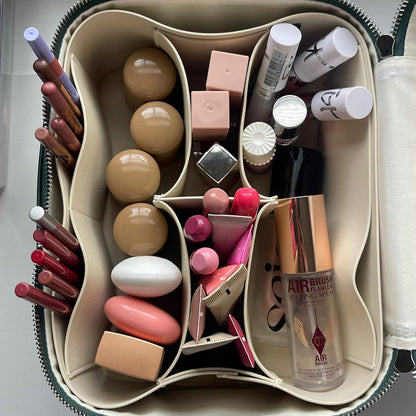 Duo Vanity Case Beige - Large Functional Travel Makeup Bag Organizer with Removable Divider & Mirror