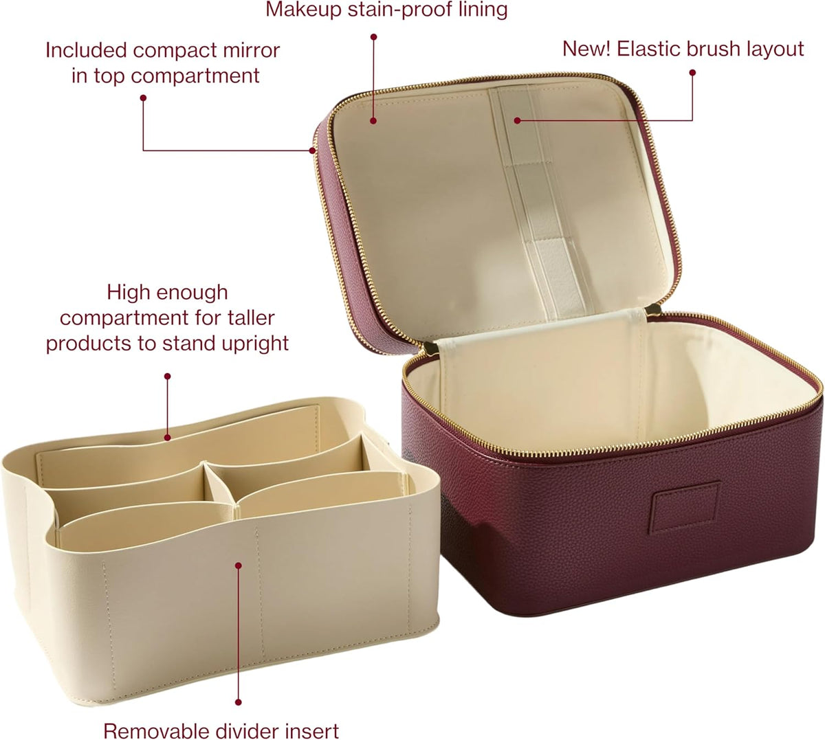 Duo Vanity Case Beige - Large Functional Travel Makeup Bag Organizer with Removable Divider & Mirror