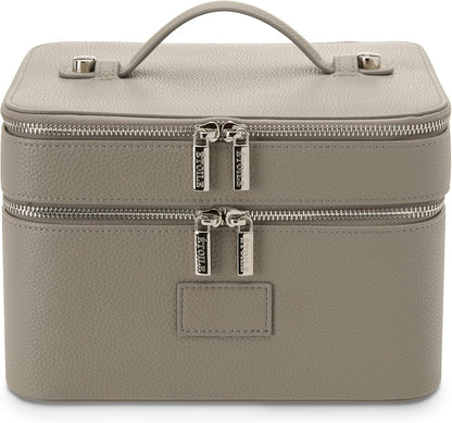 Duo Vanity Case Beige - Large Functional Travel Makeup Bag Organizer with Removable Divider & Mirror