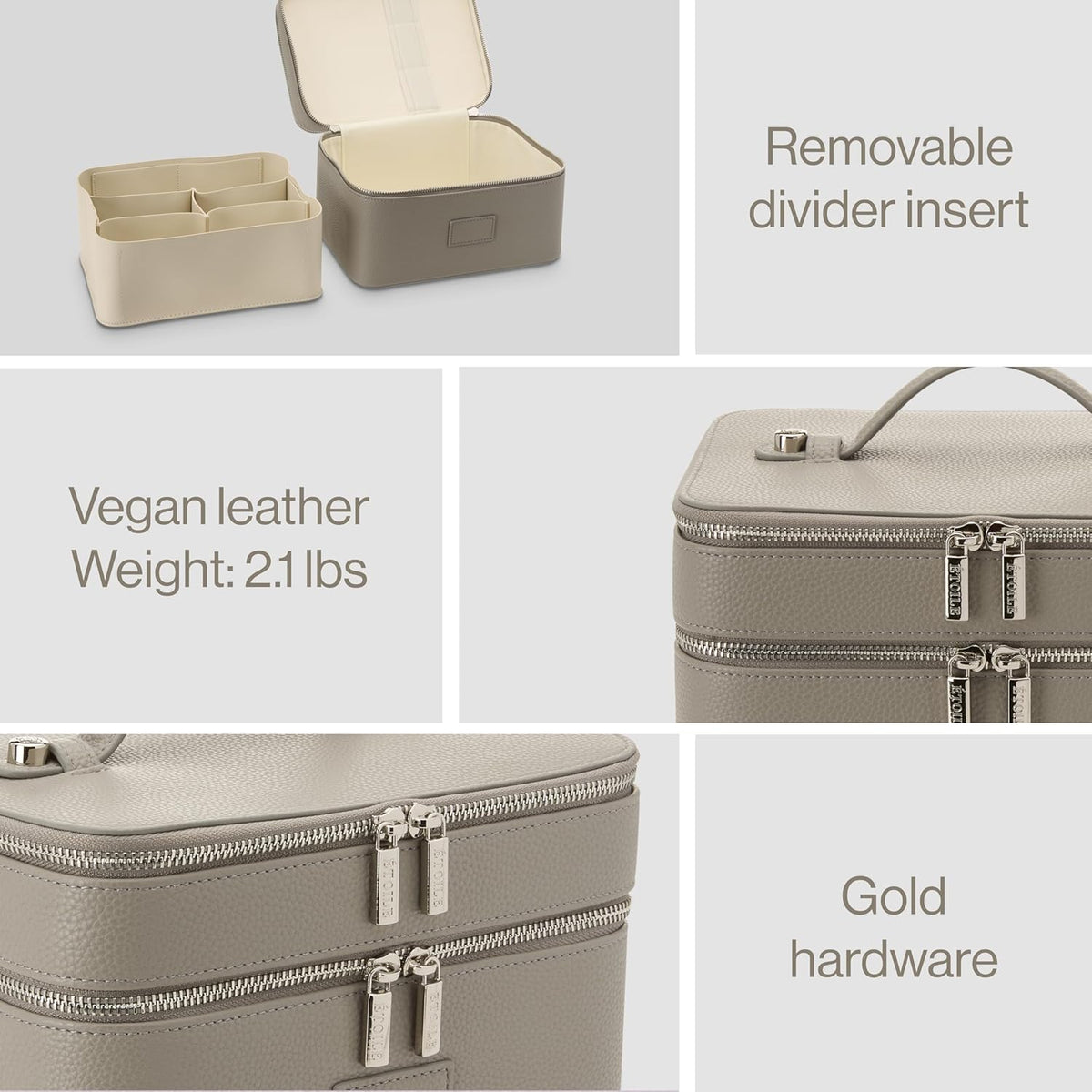 Duo Vanity Case Beige - Large Functional Travel Makeup Bag Organizer with Removable Divider & Mirror
