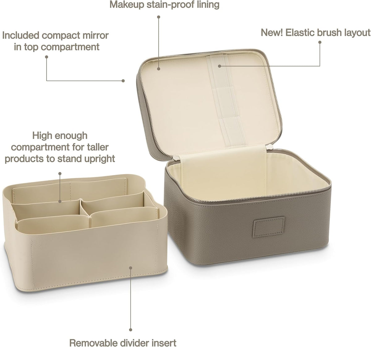 Duo Vanity Case Beige - Large Functional Travel Makeup Bag Organizer with Removable Divider & Mirror