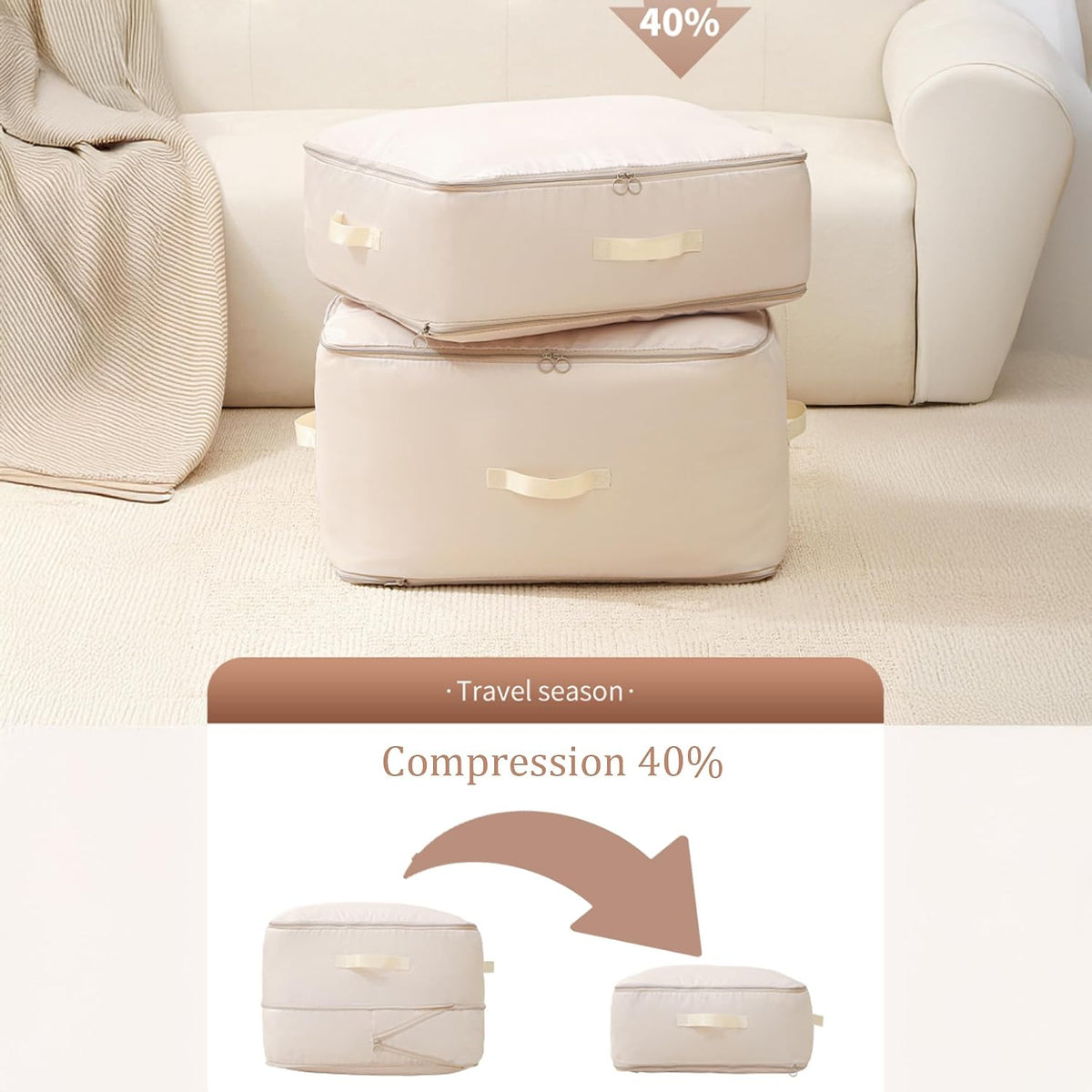 Wardrobe Storage Bags with Self-Compressing Zipper Design, Travel Packing Cubes, Space Saving Clothes Storage Bags for Suitcase, Wardrobe, Business Trip (Beige,Travel Pack of 4)