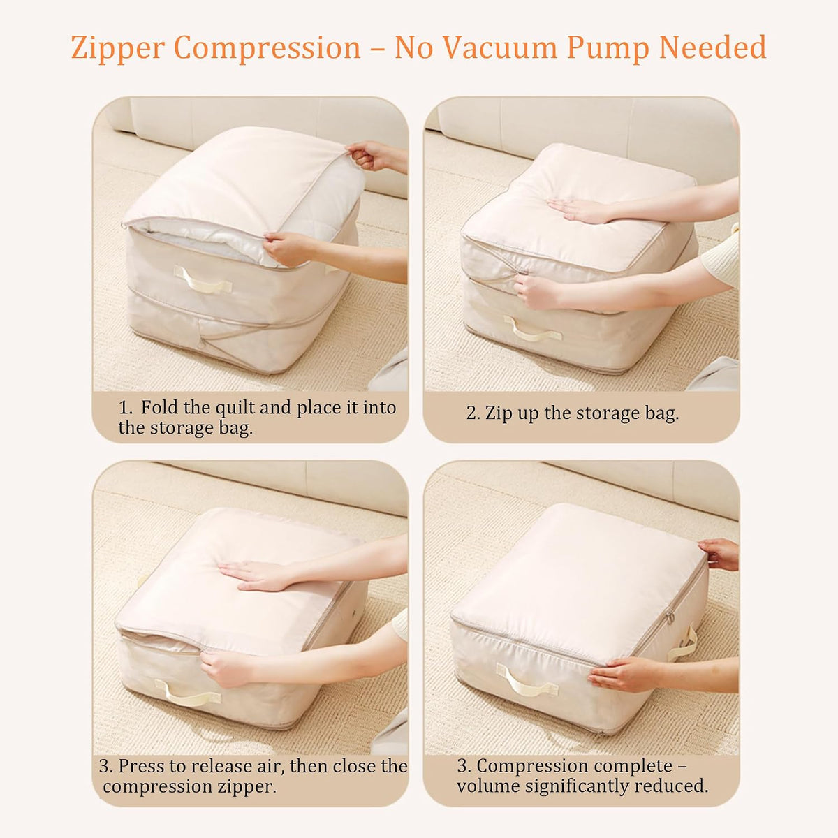 Wardrobe Storage Bags with Self-Compressing Zipper Design, Travel Packing Cubes, Space Saving Clothes Storage Bags for Suitcase, Wardrobe, Business Trip (Beige,Travel Pack of 4)