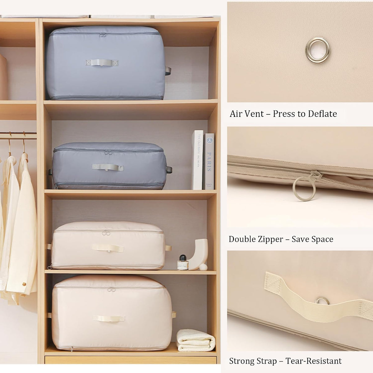 Wardrobe Storage Bags with Self-Compressing Zipper Design, Travel Packing Cubes, Space Saving Clothes Storage Bags for Suitcase, Wardrobe, Business Trip (Beige,Travel Pack of 4)