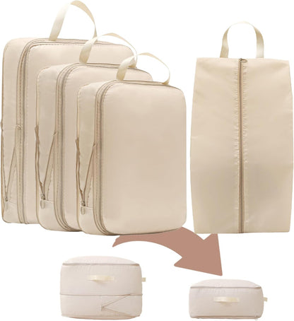 Wardrobe Storage Bags with Self-Compressing Zipper Design, Travel Packing Cubes, Space Saving Clothes Storage Bags for Suitcase, Wardrobe, Business Trip (Beige,Travel Pack of 4)