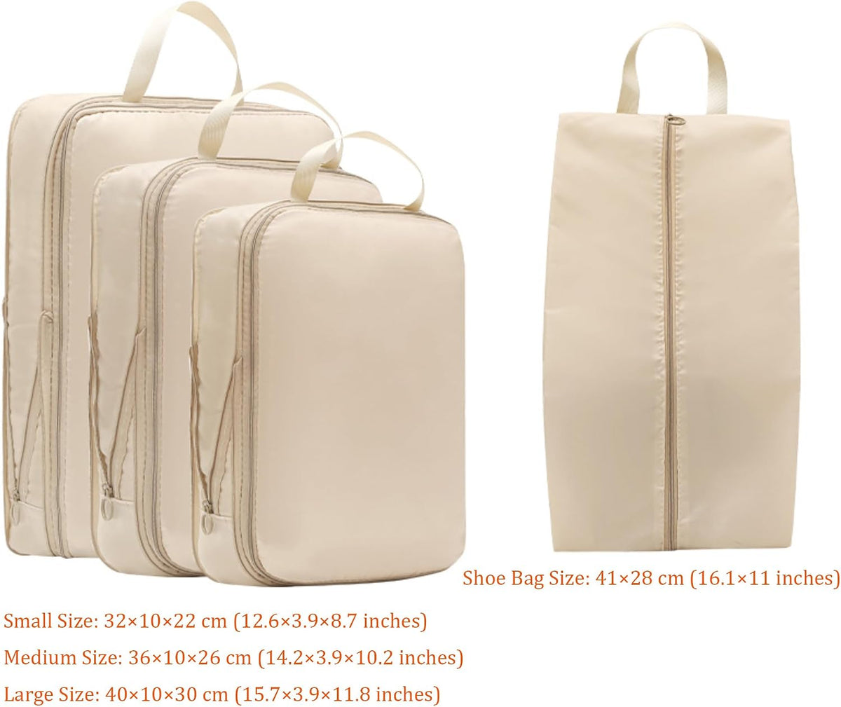 Wardrobe Storage Bags with Self-Compressing Zipper Design, Travel Packing Cubes, Space Saving Clothes Storage Bags for Suitcase, Wardrobe, Business Trip (Beige,Travel Pack of 4)