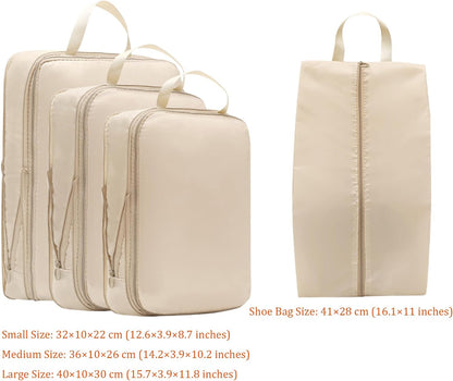 Wardrobe Storage Bags with Self-Compressing Zipper Design, Travel Packing Cubes, Space Saving Clothes Storage Bags for Suitcase, Wardrobe, Business Trip (Beige,Travel Pack of 4)
