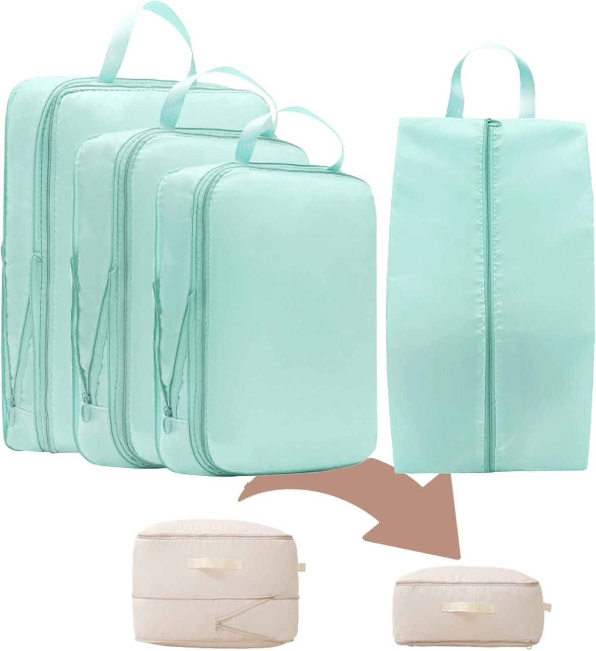 Wardrobe Storage Bags with Self-Compressing Zipper Design, Travel Packing Cubes, Space Saving Clothes Storage Bags for Suitcase, Wardrobe, Business Trip (Beige,Travel Pack of 4)