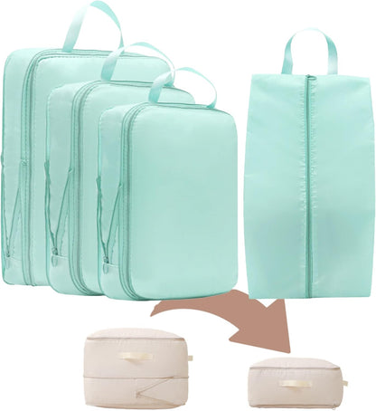 Wardrobe Storage Bags with Self-Compressing Zipper Design, Travel Packing Cubes, Space Saving Clothes Storage Bags for Suitcase, Wardrobe, Business Trip (Beige,Travel Pack of 4)