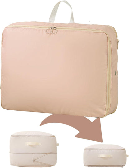 Wardrobe Storage Bags with Self-Compressing Zipper Design, Travel Packing Cubes, Space Saving Clothes Storage Bags for Suitcase, Wardrobe, Business Trip (Beige,Travel Pack of 4)