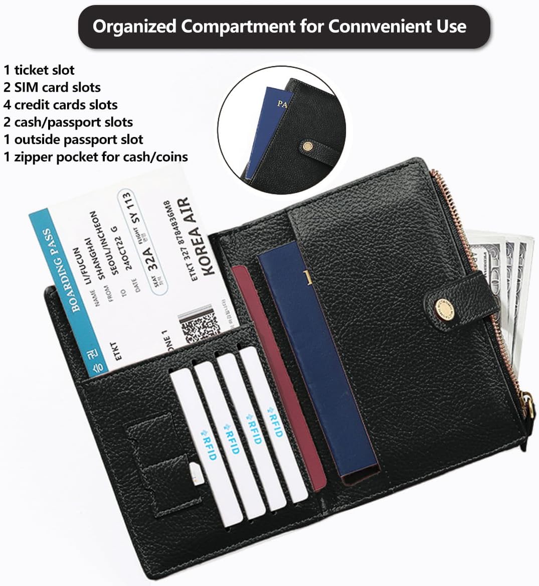 Slim RFID Blocking Passport Holder Wallet,PU Leather Travel Card Organizer,Lightweight Passport Case for Women Men (Black)