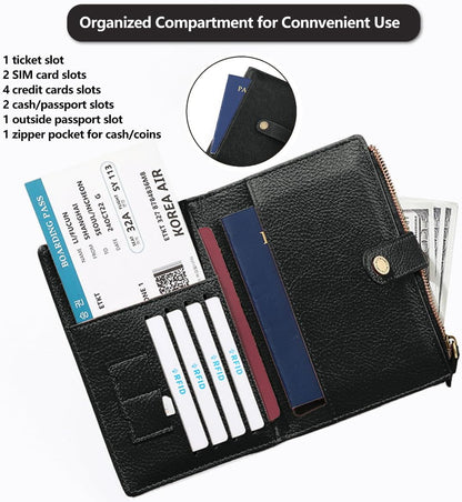 Slim RFID Blocking Passport Holder Wallet,PU Leather Travel Card Organizer,Lightweight Passport Case for Women Men (Black)