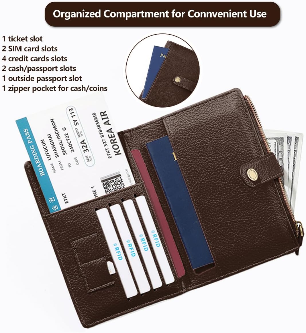Slim RFID Blocking Passport Holder Wallet,PU Leather Travel Card Organizer,Lightweight Passport Case for Women Men (Black)