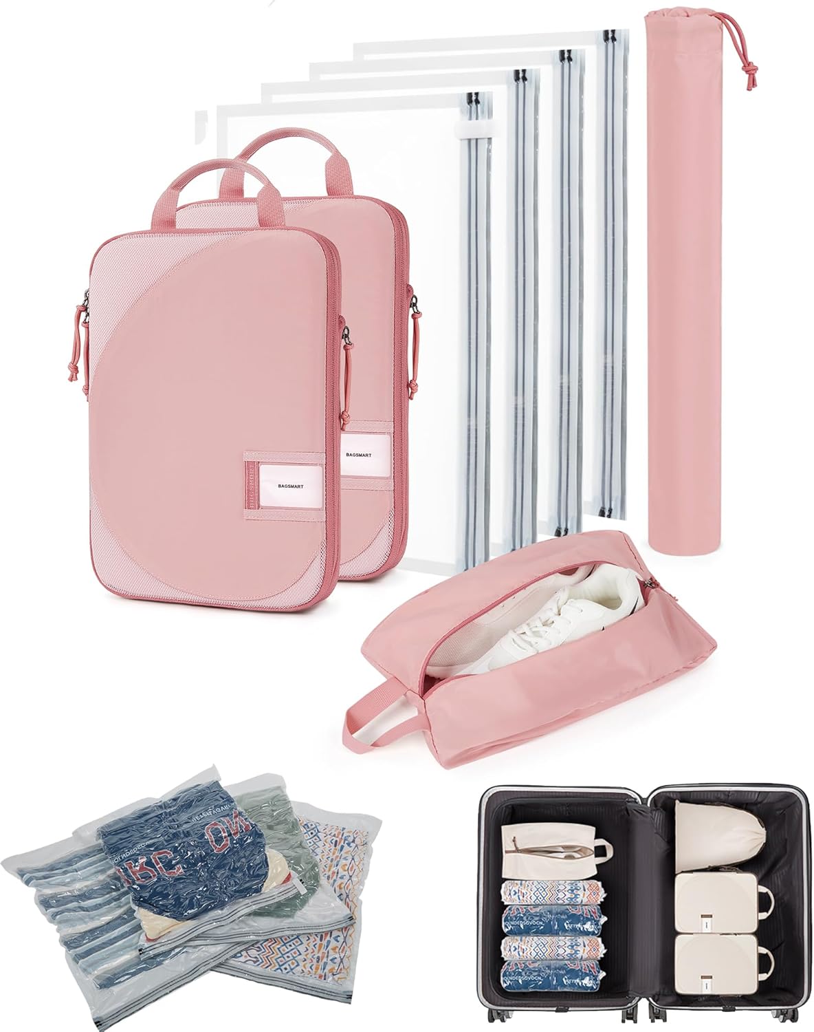 8 Pcs Compression Packing Bags Set with 4 Pack Vacuum Bags Storage for Cruise Travel Essentials, Hand-rolled Space Saver Vacuum Storage Bags, Baby Pink