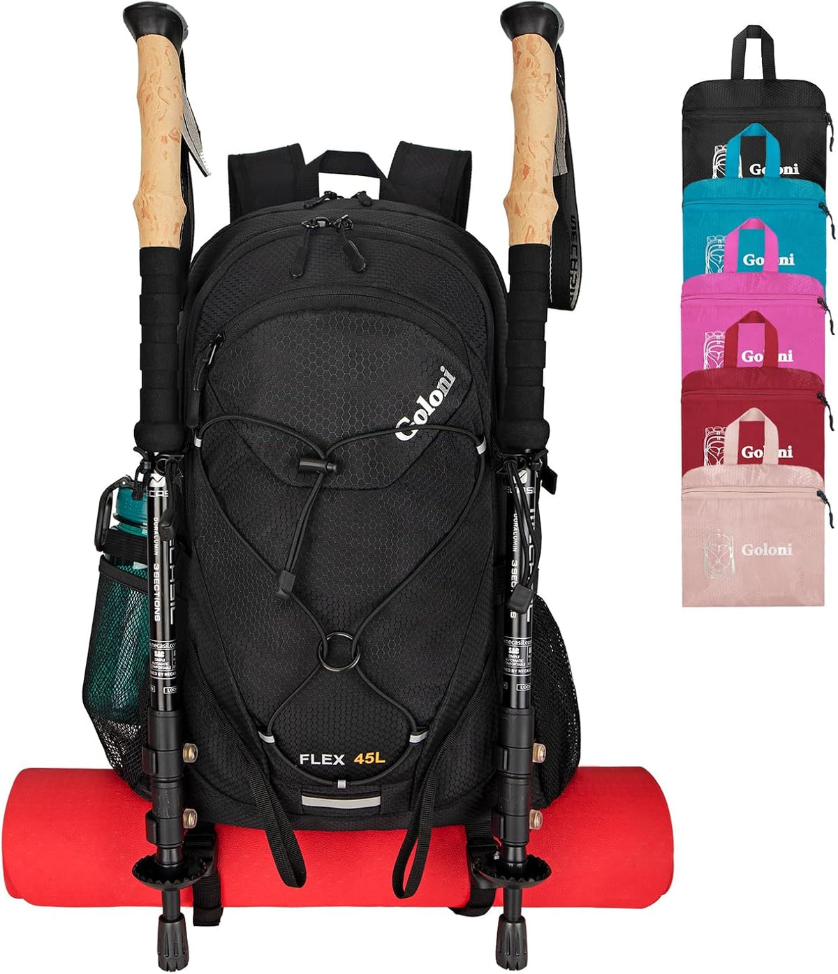 Goloni 45L Hiking Backpack Lightweight Foldable, Waterproof Camping Backpack with Rain Cover & Hiking Pole Mat Carrying System, Ergonomic Water Resistant Daypack for Trekking Travel Men Women Rose