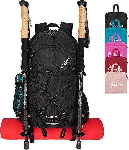 Goloni 45L Hiking Backpack Lightweight Foldable, Waterproof Camping Backpack with Rain Cover & Hiking Pole Mat Carrying System, Ergonomic Water Resistant Daypack for Trekking Travel Men Women Rose