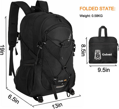 Goloni 45L Hiking Backpack Lightweight Foldable, Waterproof Camping Backpack with Rain Cover & Hiking Pole Mat Carrying System, Ergonomic Water Resistant Daypack for Trekking Travel Men Women Rose