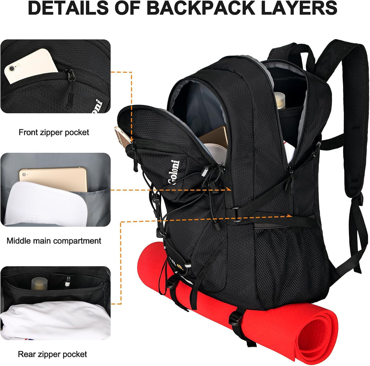 Goloni 45L Hiking Backpack Lightweight Foldable, Waterproof Camping Backpack with Rain Cover & Hiking Pole Mat Carrying System, Ergonomic Water Resistant Daypack for Trekking Travel Men Women Rose